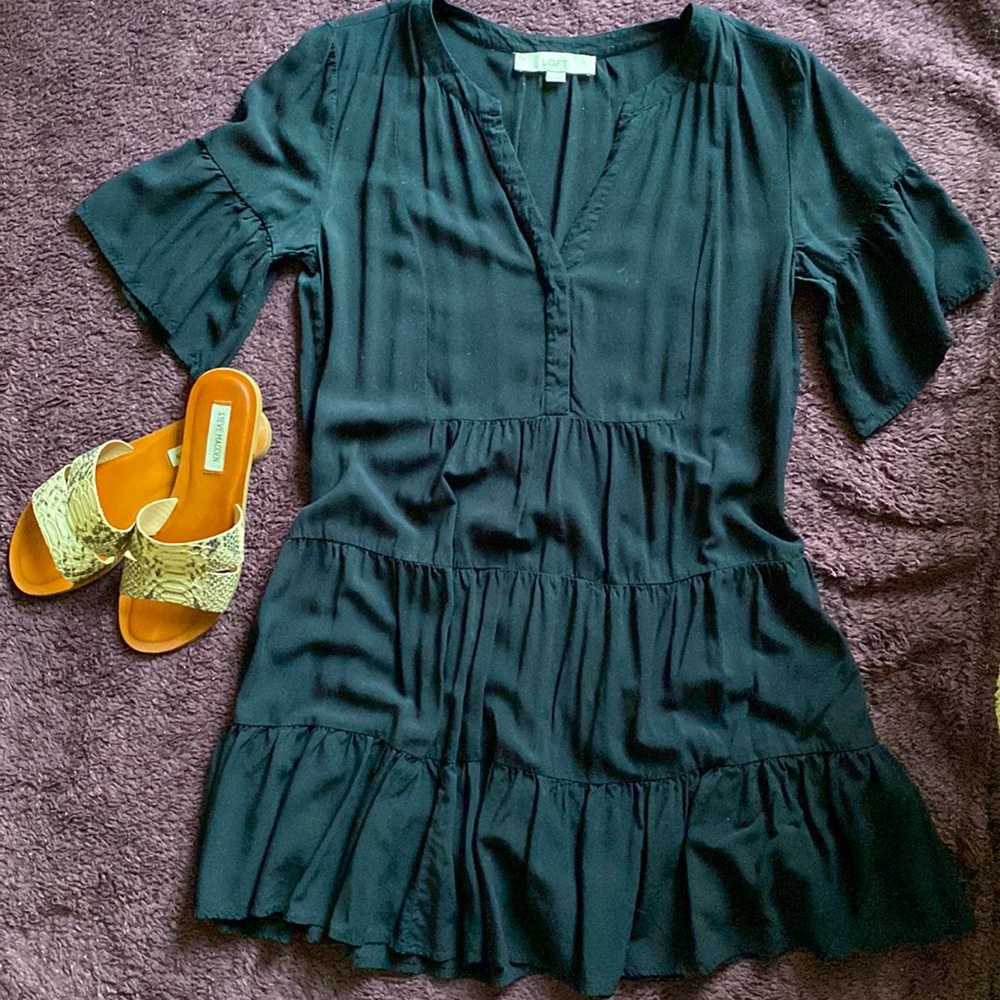 LOFT 3 tiered dress v neck black dress with short flare sleeve.